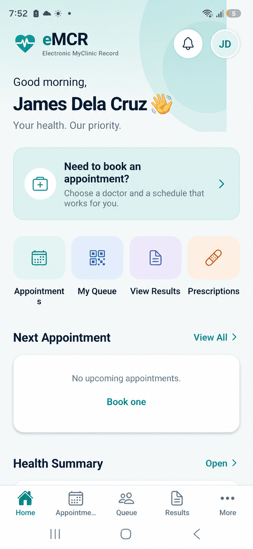 eMCR patient app home screen